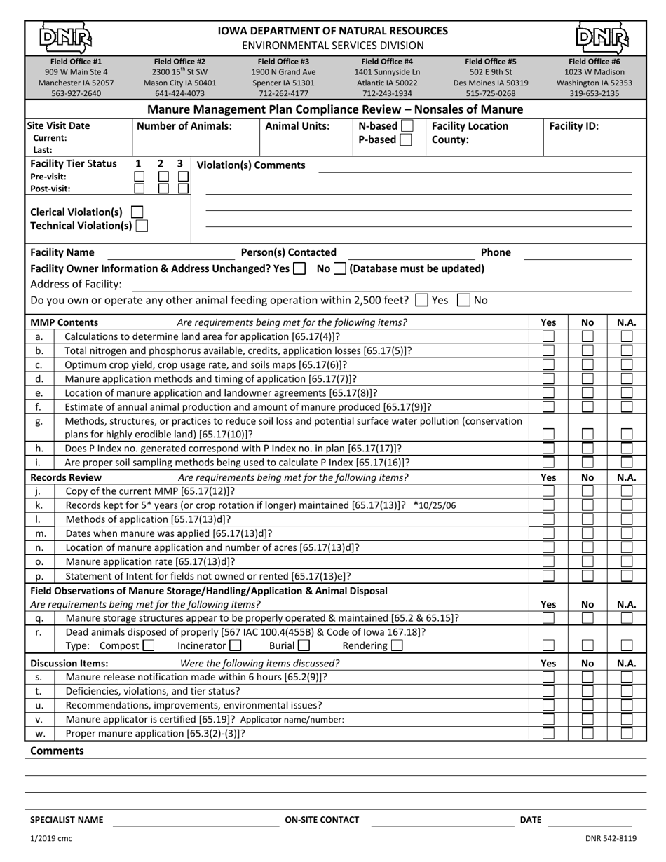 DNR Form 542-8119 Manure Management Plan Compliance Review - Nonsales of Manure - Iowa, Page 1