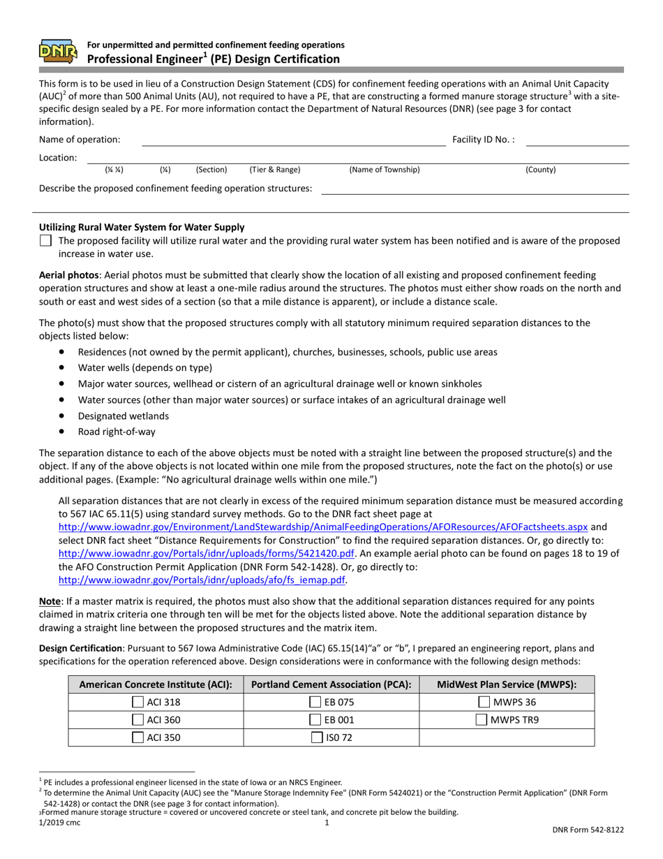 DNR Form 542-8122 Professional Engineer (Pe) Design Certification - Iowa, Page 1