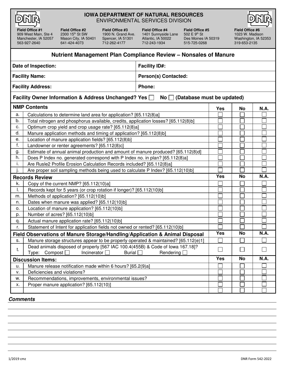 DNR Form 542-2022 Nutrient Management Plan Compliance Review - Nonsales of Manure - Iowa, Page 1
