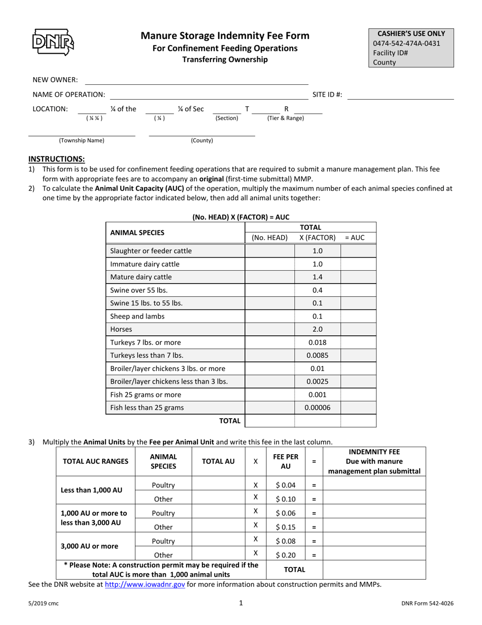 DNR Form 542-4026 Manure Storage Indemnity Fee Form for Confinement Feeding Operations Transferring Ownership - Iowa, Page 1