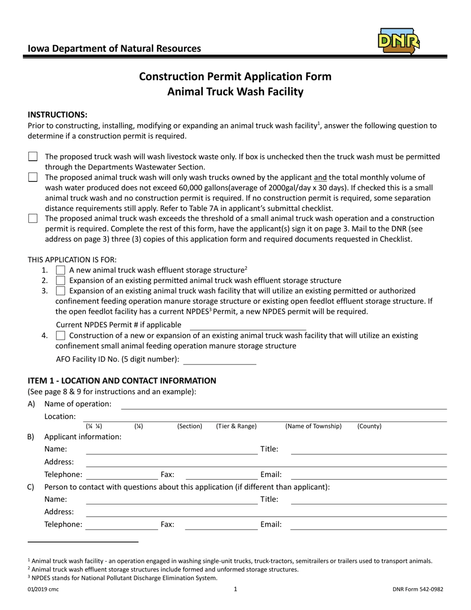 DNR Form 542-0982 Construction Permit Application Form Animal Truck Wash Facility - Iowa, Page 1