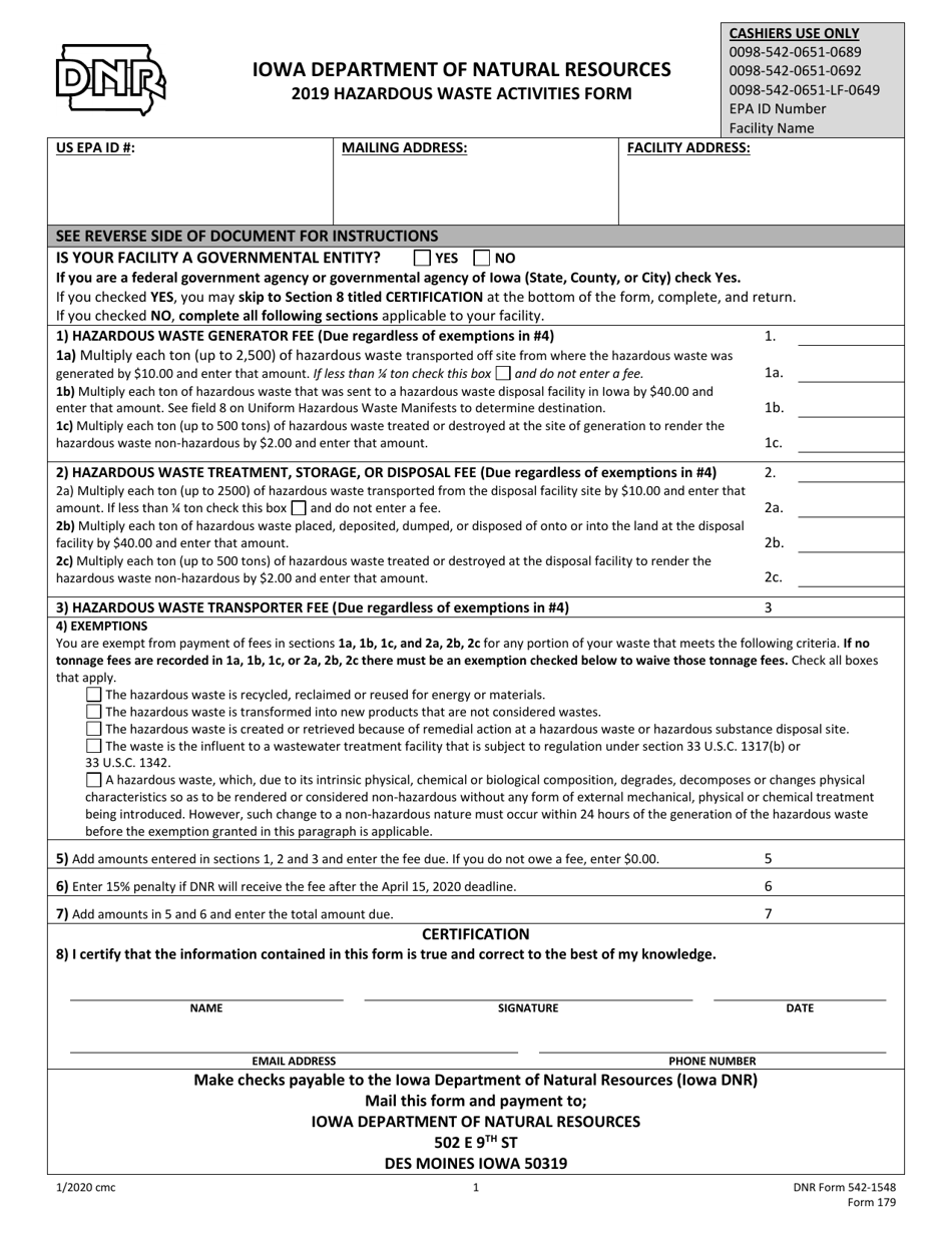DNR Form 542-1548 Hazardous Waste Activities Form - Iowa, Page 1