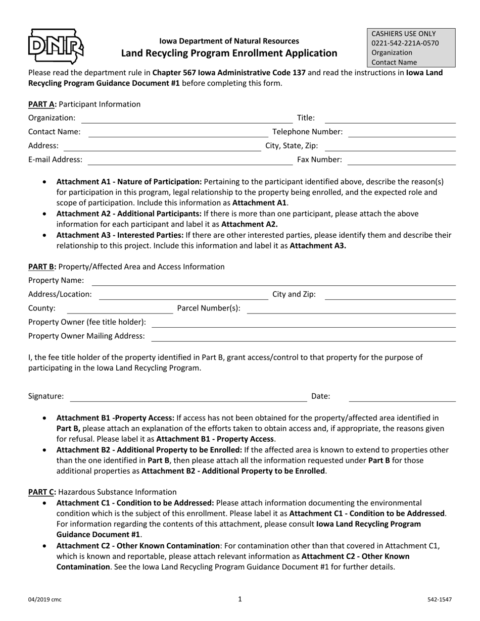 DNR Form 542-1547 Land Recycling Program Enrollment Application - Iowa, Page 1
