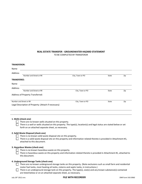 DNR Form 542-0960  Printable Pdf