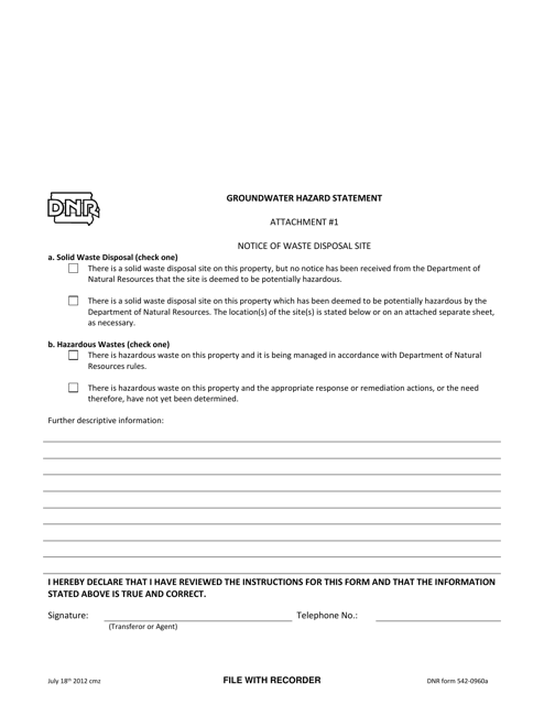 DNR Form 542-0960A Attachment 1 Groundwater Hazard Statement - Iowa