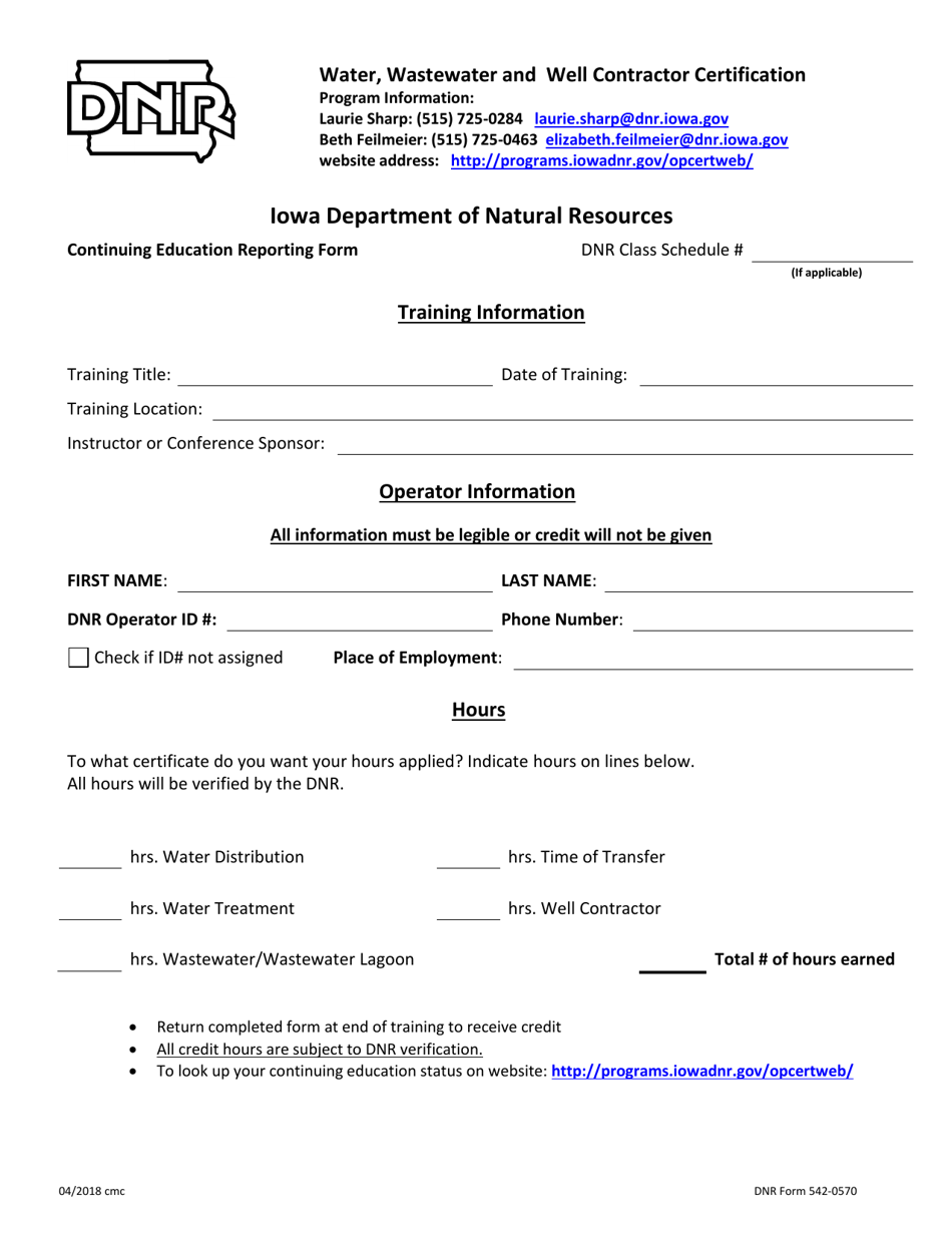 DNR Form 542-0570 Water, Wastewater, and Well Contractor Certification Continuing Education Reporting Form - Iowa, Page 1