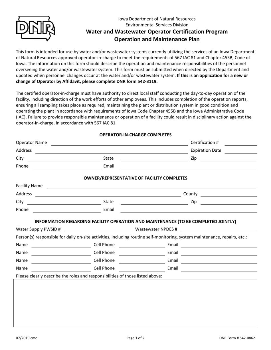DNR Form 542 0862 Download Fillable PDF or Fill Online Water and