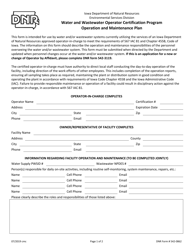 DNR Form 542-0862 Water and Wastewater Operator Certification Program Operation and Maintenance Plan - Iowa