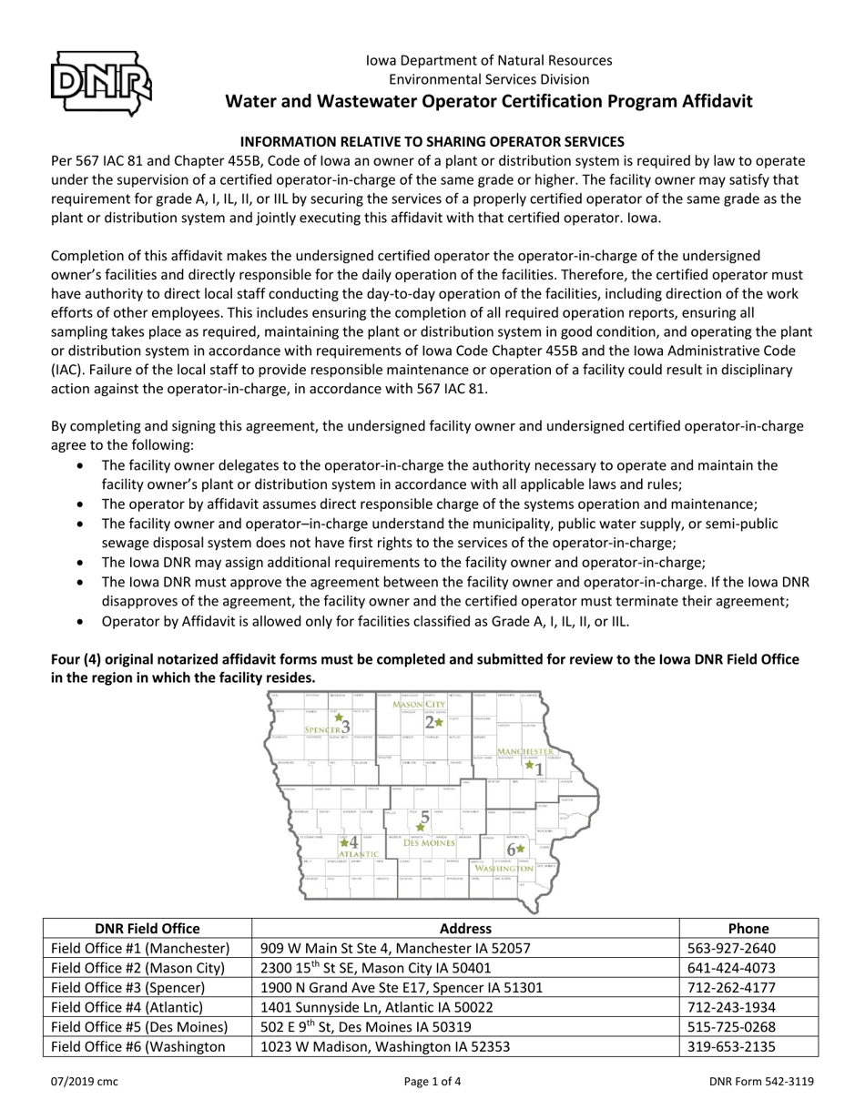 DNR Form 542-3119 Water and Wastewater Operator Certification Program Affidavit - Iowa, Page 1