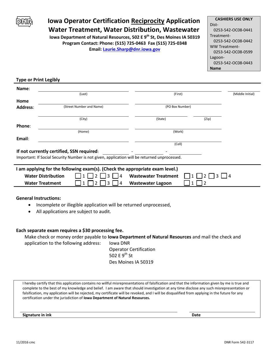 DNR Form 542-3117 Operator Certification Reciprocity Application Water Treatment, Water Distribution, Wastewater - Iowa, Page 1