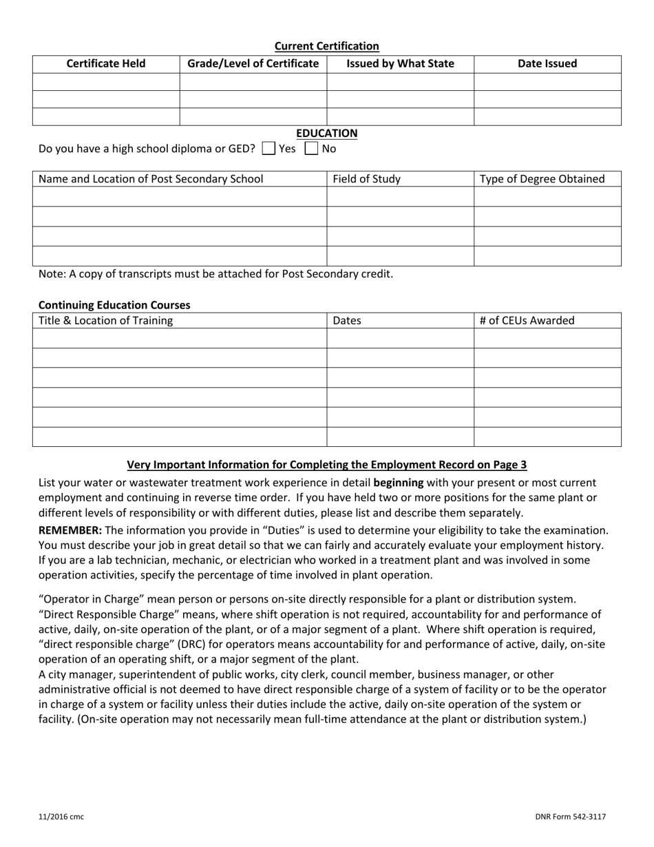 DNR Form 542-3117 Operator Certification Reciprocity Application Water Treatment, Water Distribution, Wastewater - Iowa, Page 2