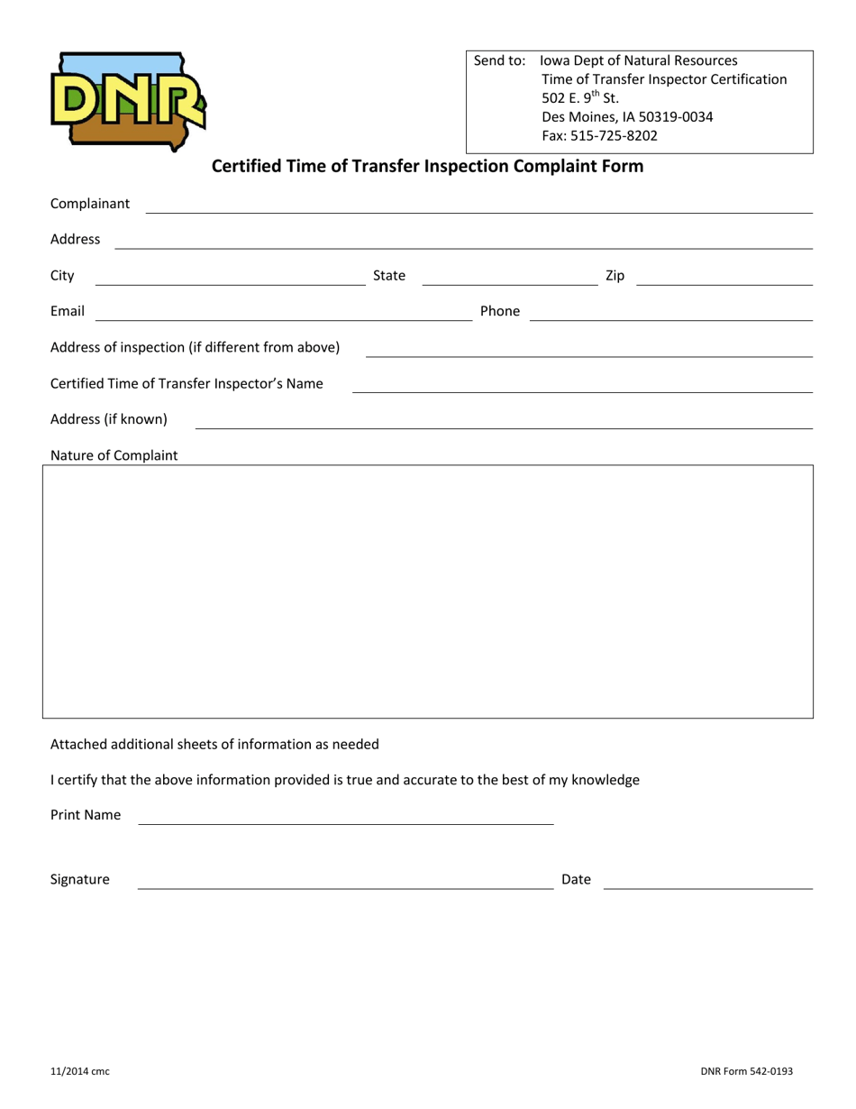 DNR Form 542-0193 Certified Time of Transfer Inspection Complaint Form - Iowa, Page 1