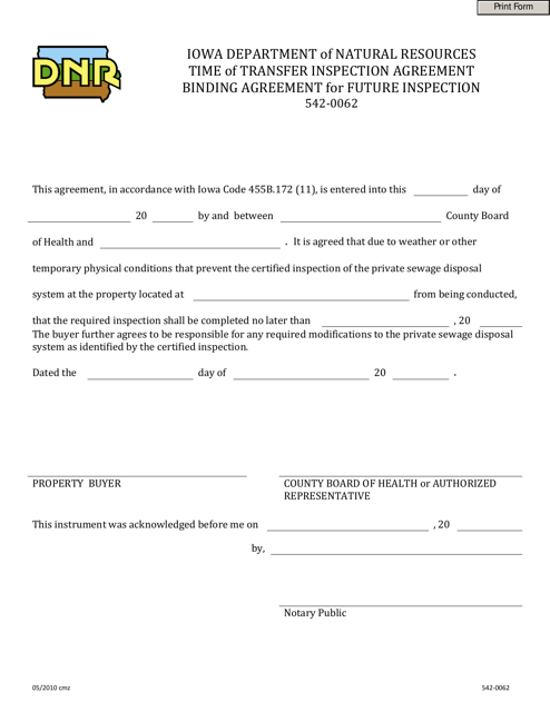 DNR Form 542-0062 Time of Transfer Binding Agreement - Iowa