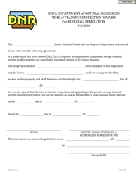 Document preview: DNR Form 542-0063 Time of Transfer Demolition Inspection Waiver - Iowa