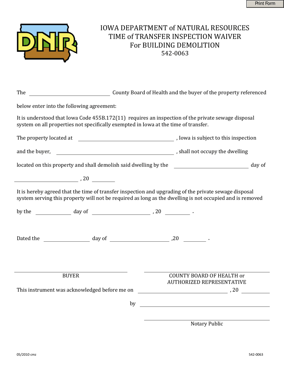 DNR Form 542-0063 Time of Transfer Demolition Inspection Waiver - Iowa, Page 1