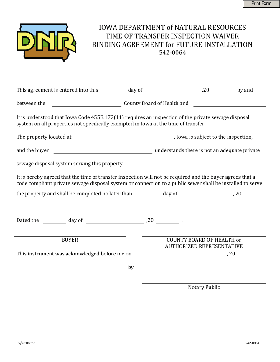 DNR Form 542-0064 Time of Transfer Binding Waiver for Inspection - Iowa, Page 1