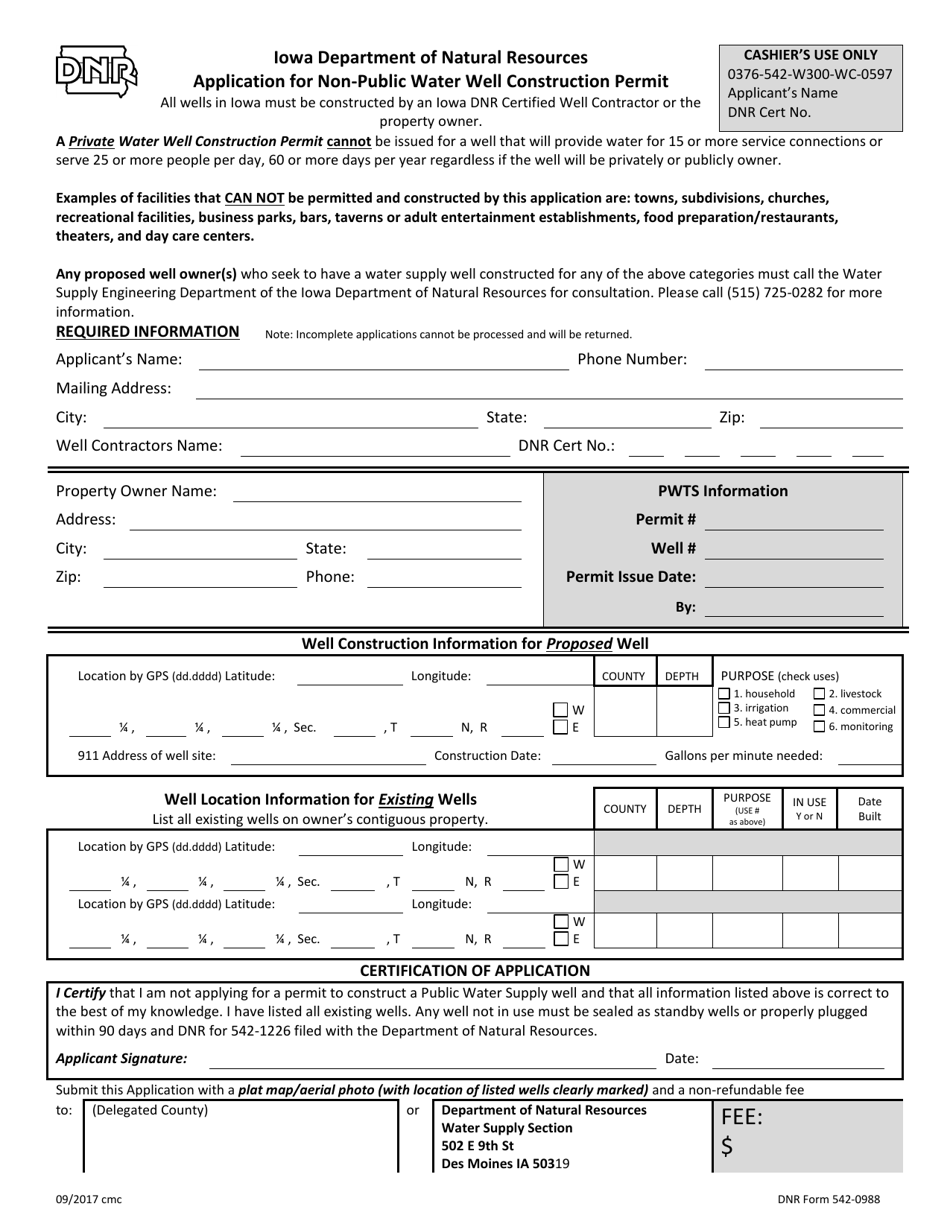 DNR Form 542-0988 Application for Non-public Water Well Construction Permit - Iowa, Page 1