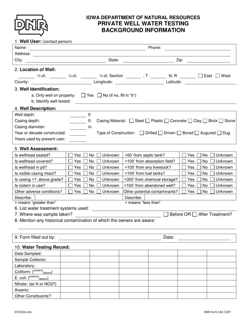 DNR Form 542-1207 Private Well Water Testing Background Information - Iowa