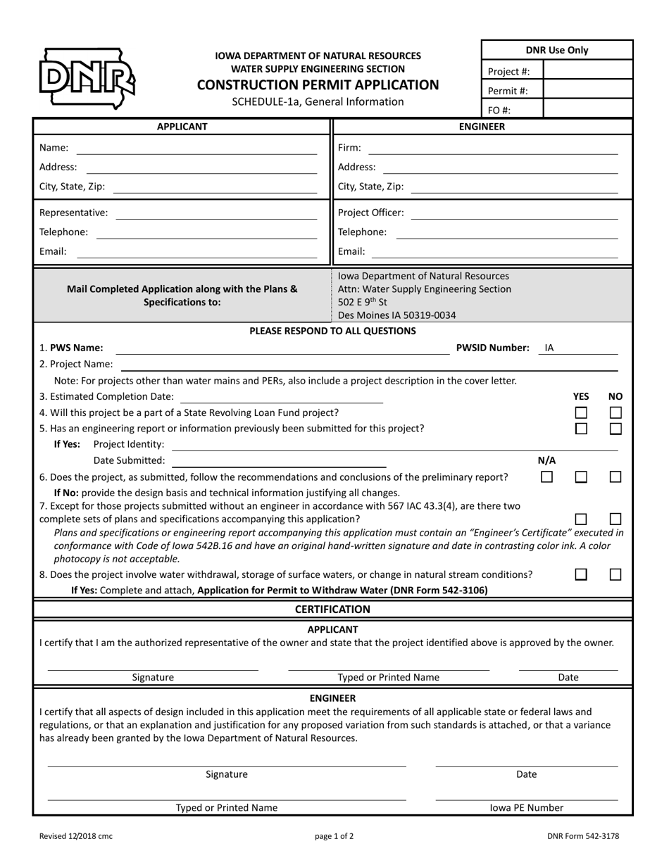 DNR Form 542-3178 Schedule 1A General Information - Iowa, Page 1