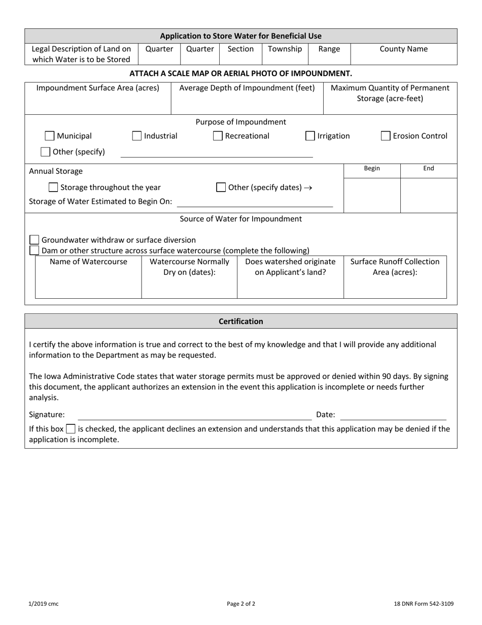 DNR Form 542-3109 Application for Permit to Store Water for Beneficial Use - Iowa, Page 2