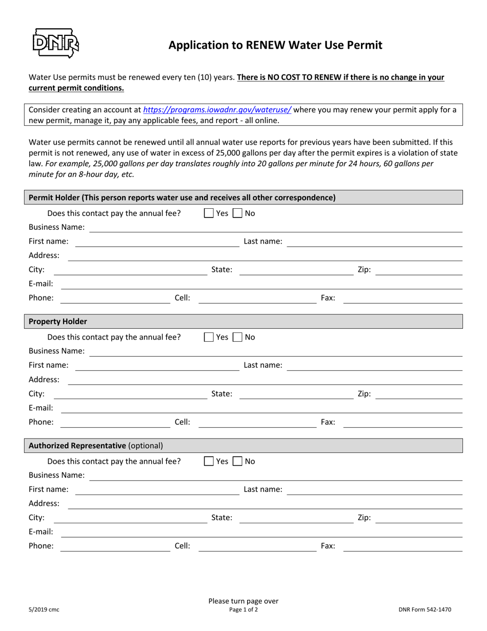 DNR Form 542-1470 Application to Renew Water Use Permit - Iowa, Page 1