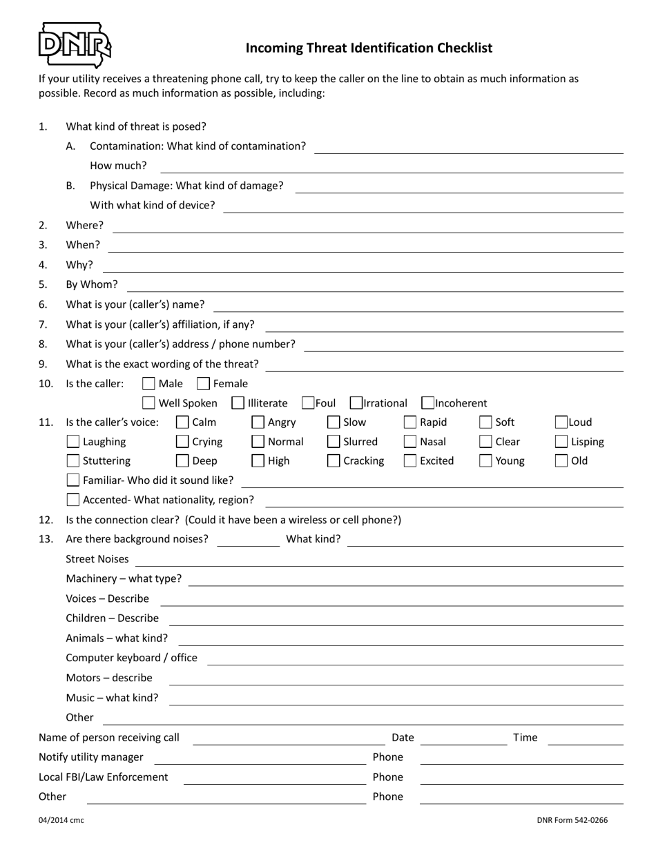 DNR Form 542-0266 Incoming Threat Identification Checklist - Iowa, Page 1