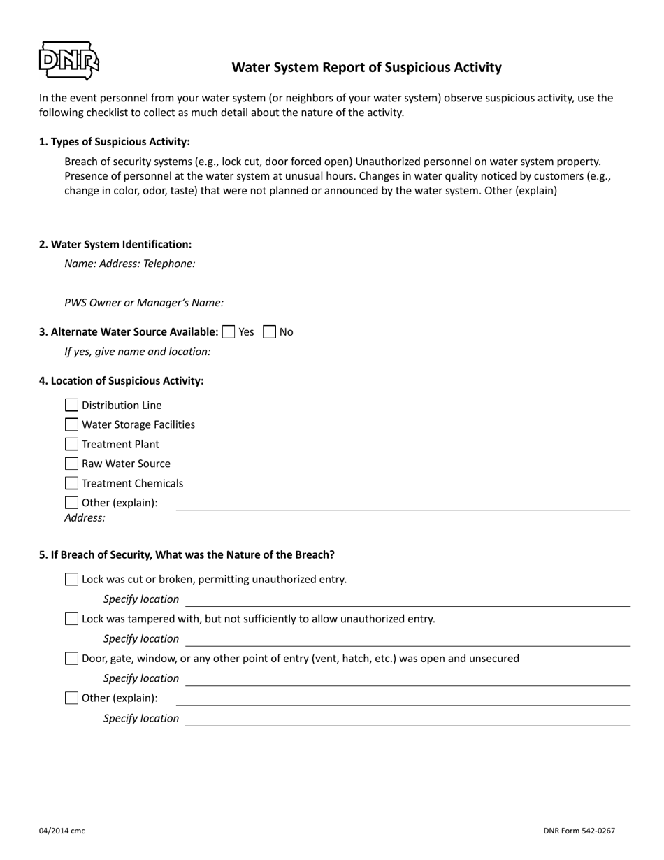 DNR Form 542-0267 Water System Report of Suspicious Activity - Iowa, Page 1