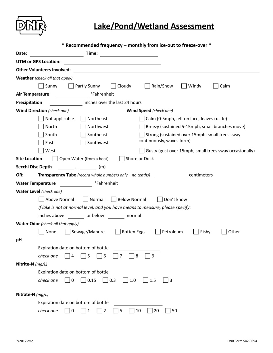 DNR Form 542-0394 Lake / Pond / Wetland Assessment - Iowa, Page 1
