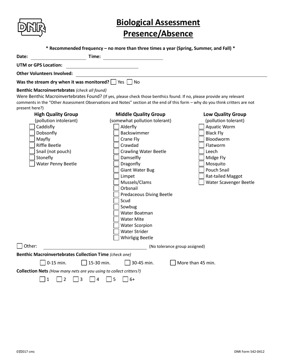 DNR Form 542-0412 Biological Assessment Presence / Absence - Iowa, Page 1