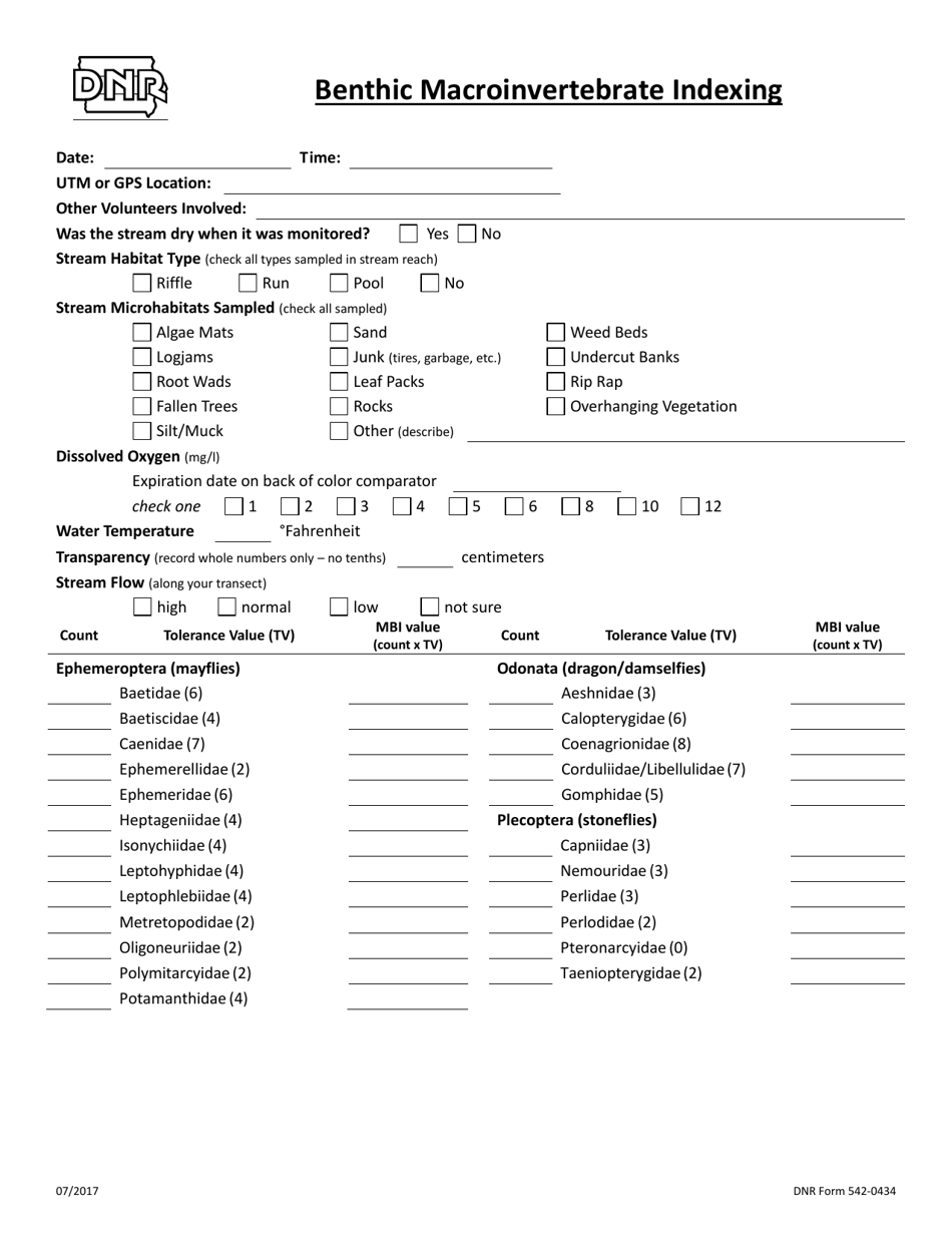 DNR Form 542-0434 Benthic Macroinvertebrate Indexing - Iowa, Page 1