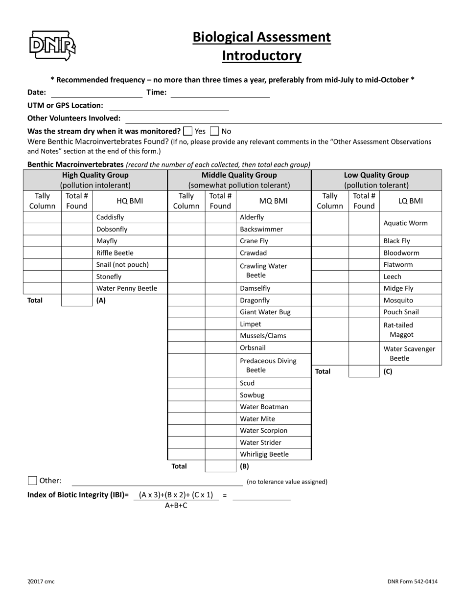 DNR Form 542-0414 Biological Assessment Introductory - Iowa, Page 1
