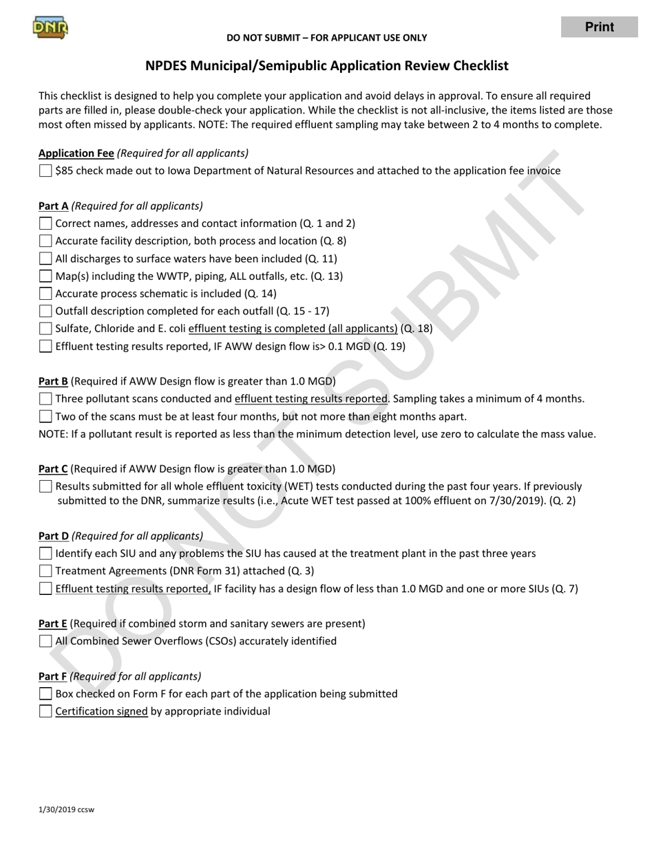 Npdes Municipal / Semipublic Application Review Checklist - Iowa, Page 1