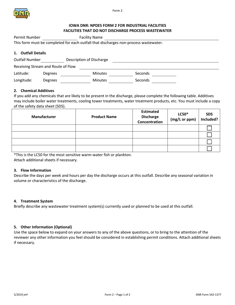 Form 2 (DNR Form 2542-1377) Npdes Permit Application Form for For Industrial Facilities - Facilities That Do Not Discharge Process Wastewater - Iowa, Page 1