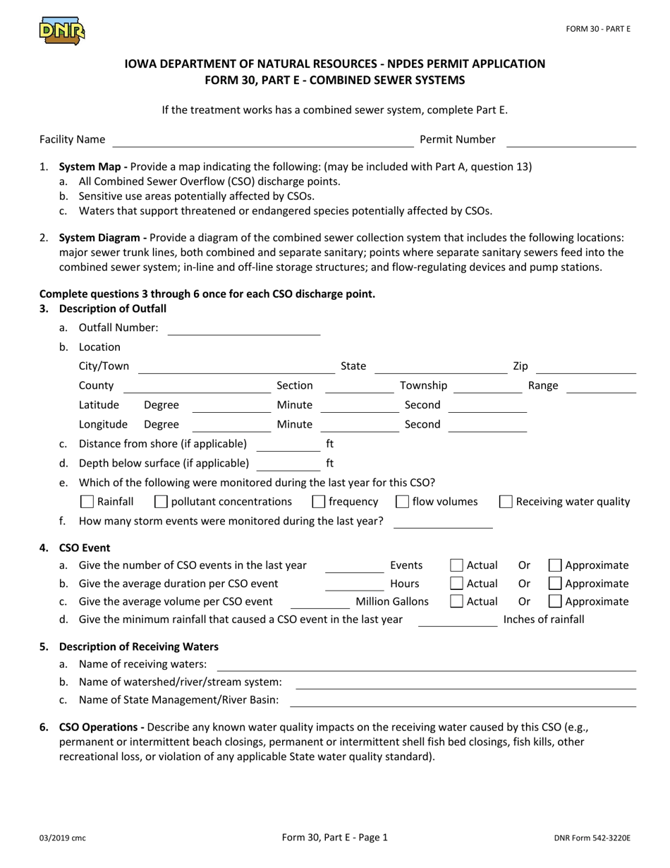 Form 30 (DNR Form 542-3220E) Part E Npdes Permit Application - Combined Sewer Systems - Iowa, Page 1