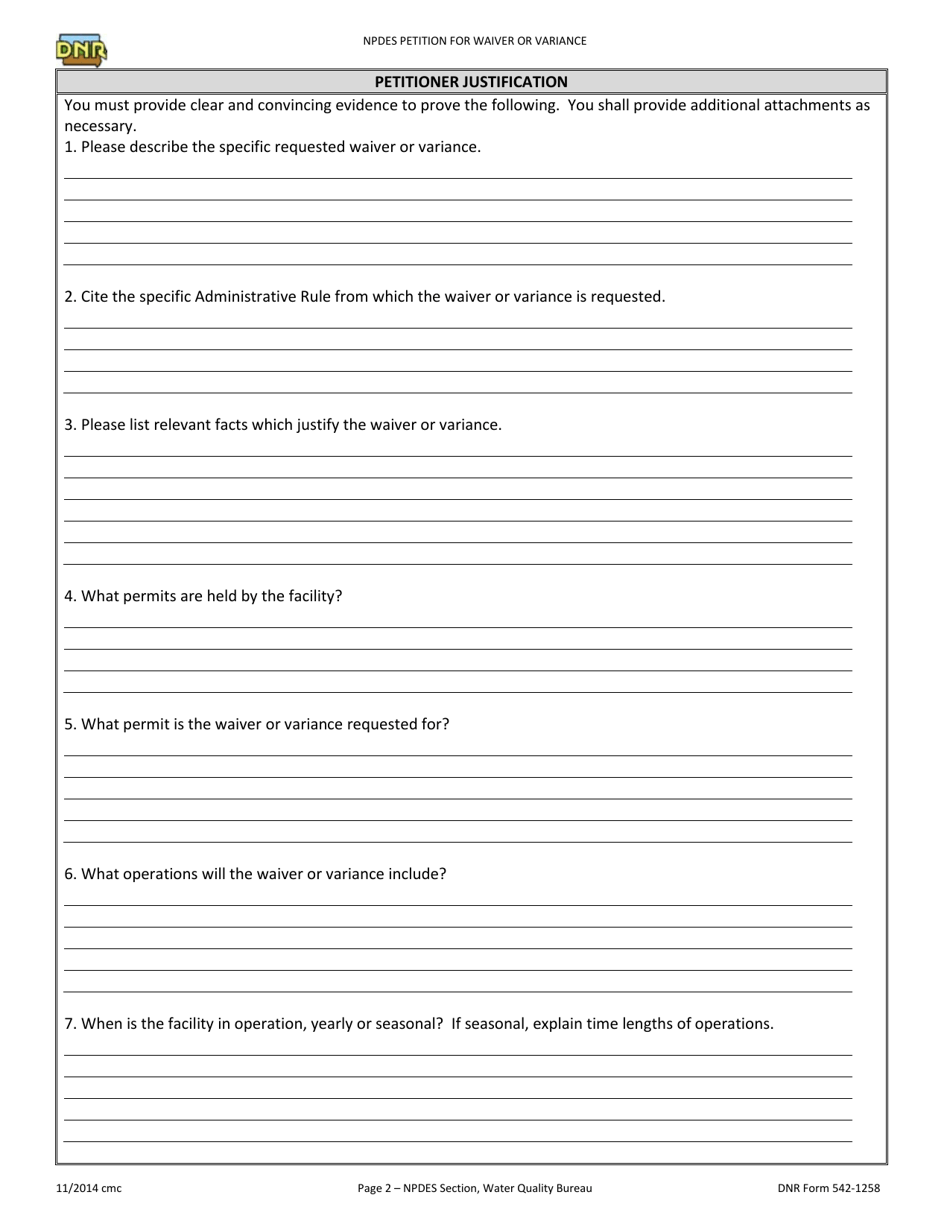 DNR Form 542-1258 Npdes and Operation Permits / Petition for Waiver or Variance - Iowa, Page 2