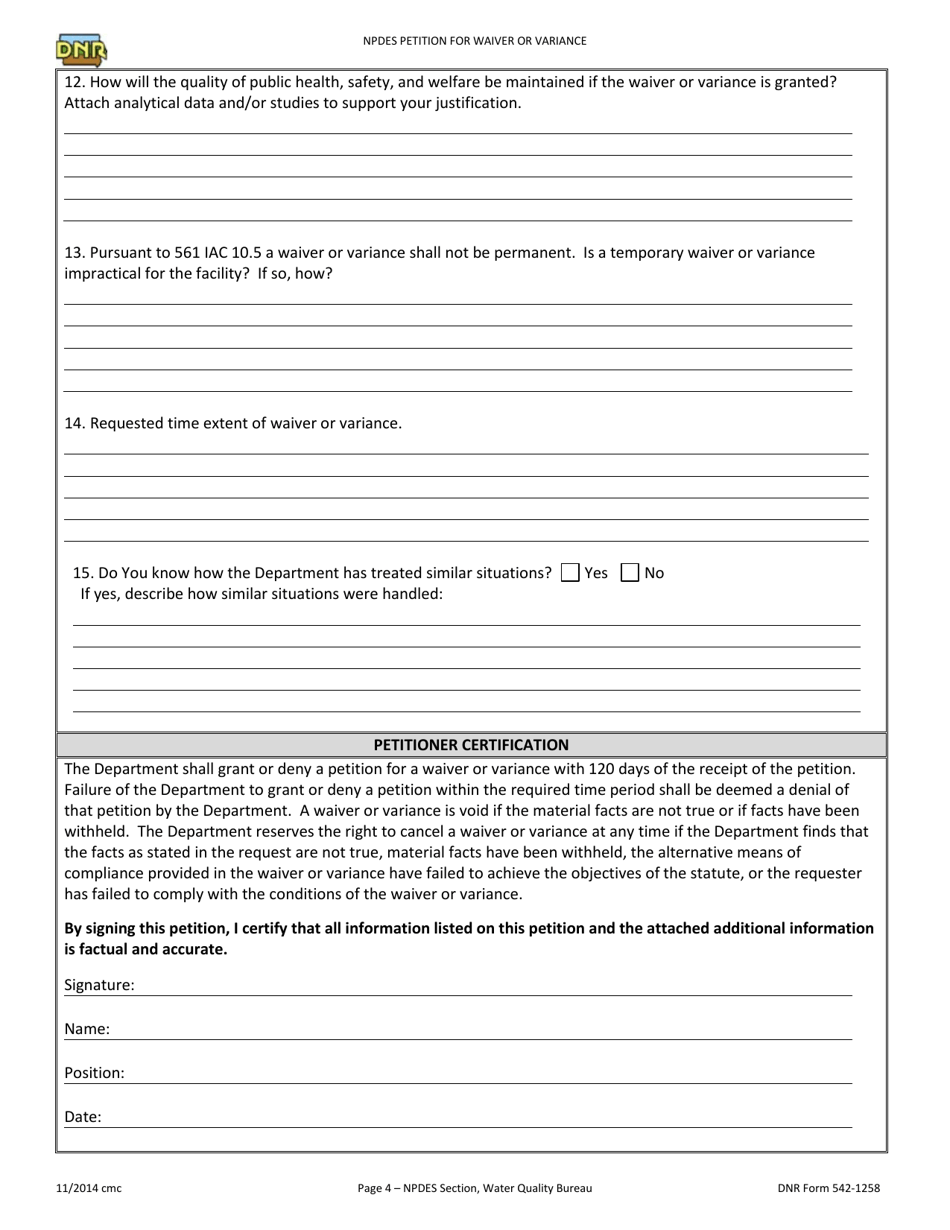 DNR Form 542-1258 Npdes and Operation Permits / Petition for Waiver or Variance - Iowa, Page 4