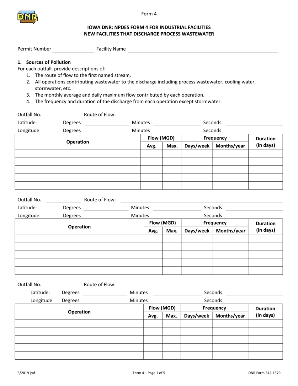 Form 4 (DNR Form 542-1379) Npdes Permit Application Form for Industrial Facilities - New Facilities That Discharge Process Wastewater - Iowa, Page 1