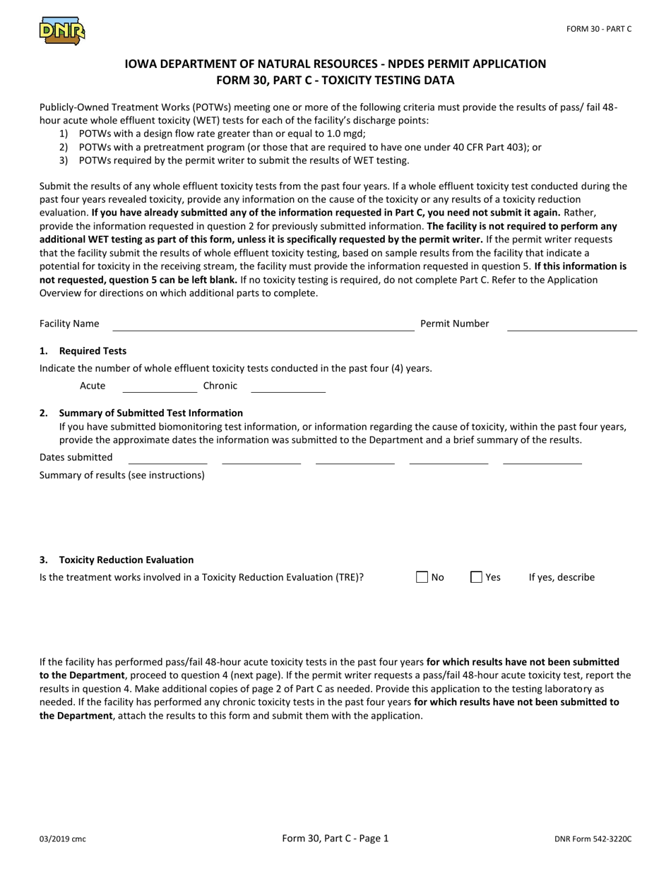 Form 30 (DNR Form 542-3220C) Part C Npdes Permit Application - Toxicity Testing Data - Iowa, Page 1