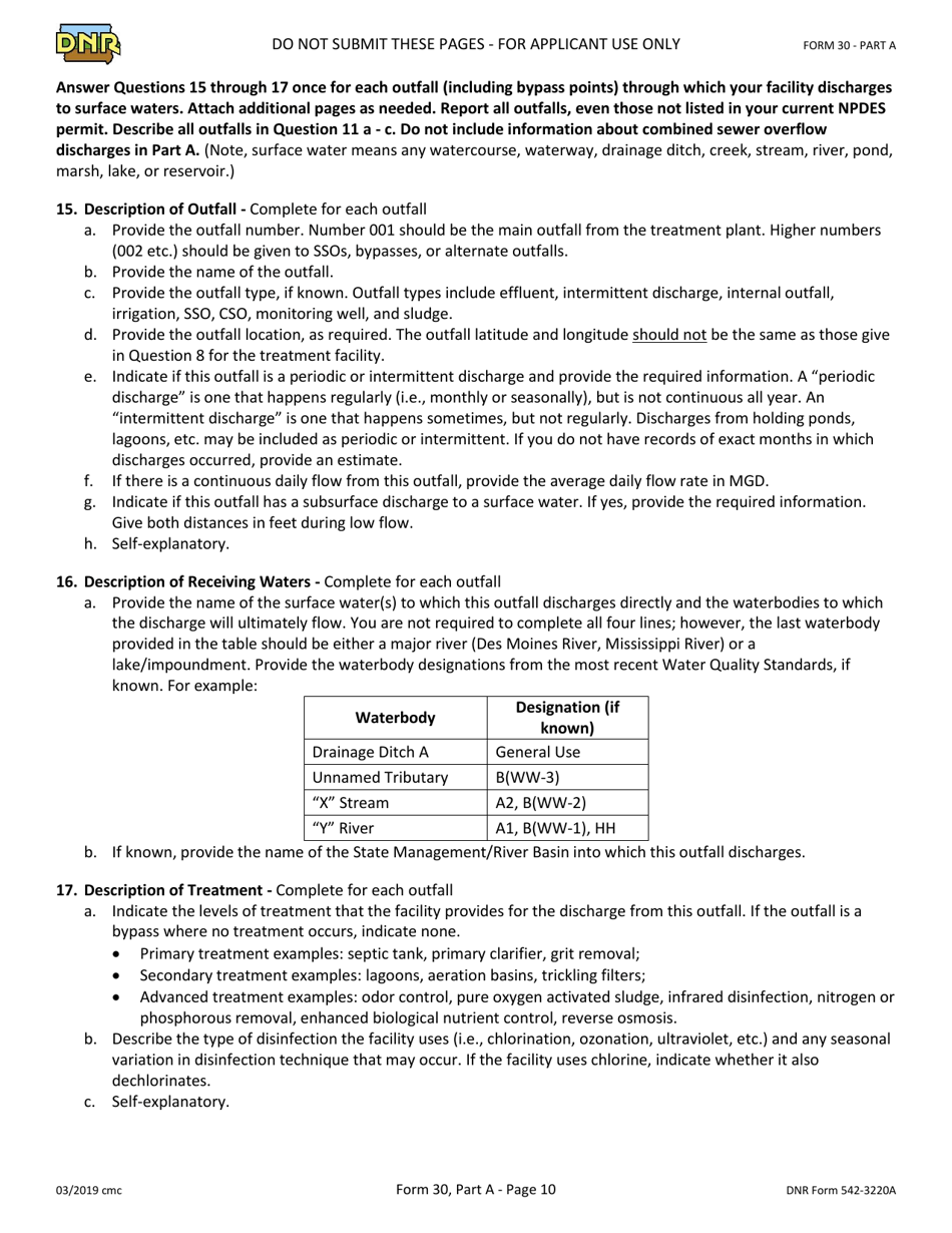 Form 30 (DNR Form 542-3220A) Part A Npdes Permit Application - Basic Application Information for Municipal and Semi-public Facilities - Iowa, Page 10