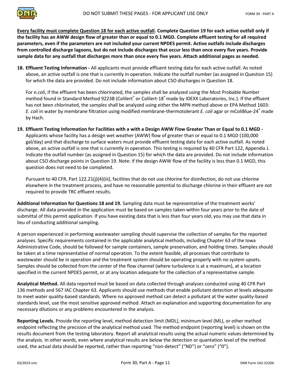 Form 30 (DNR Form 542-3220A) Part A Npdes Permit Application - Basic Application Information for Municipal and Semi-public Facilities - Iowa, Page 11