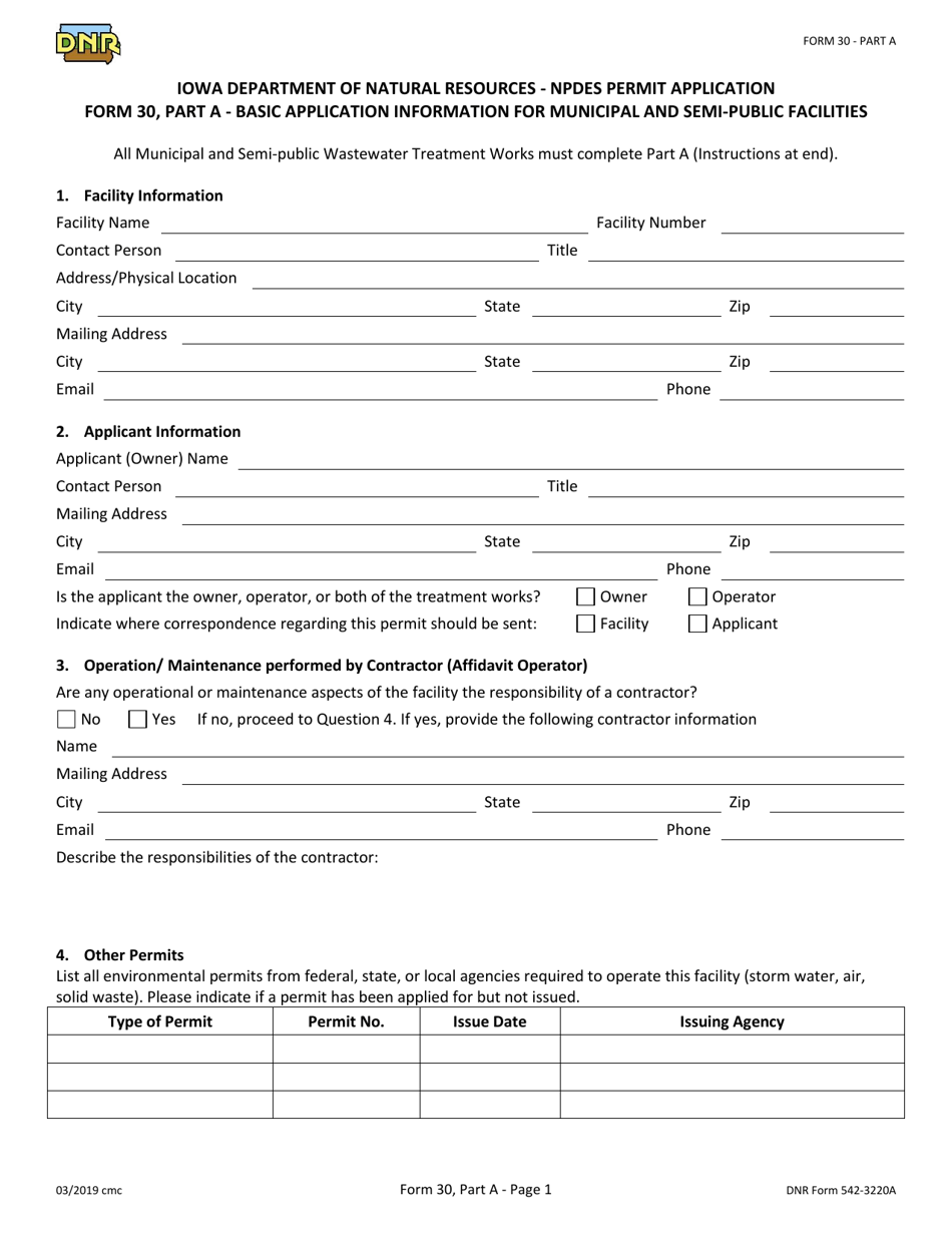 Form 30 (DNR Form 542-3220A) Part A Npdes Permit Application - Basic Application Information for Municipal and Semi-public Facilities - Iowa, Page 1