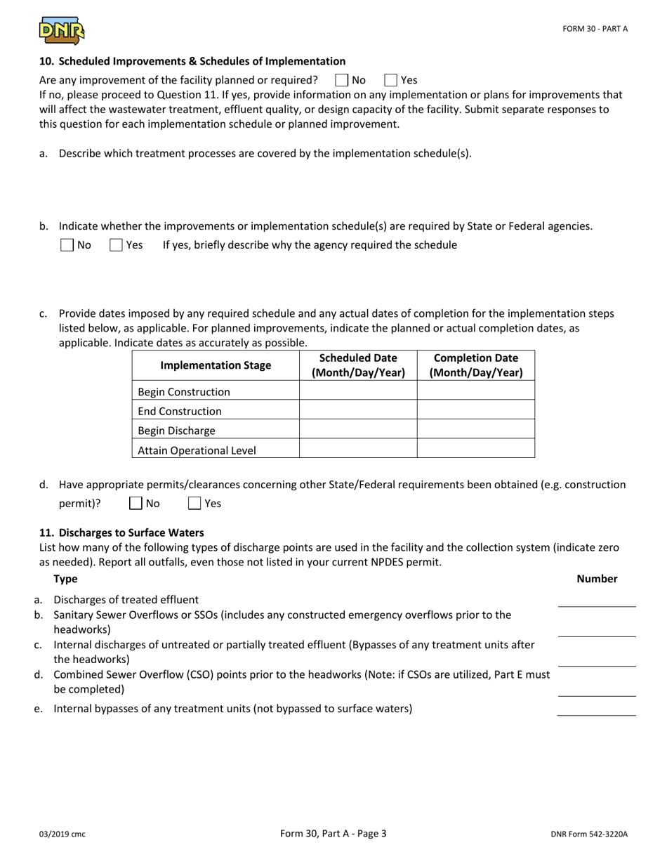 Form 30 (DNR Form 542-3220A) Part A Npdes Permit Application - Basic Application Information for Municipal and Semi-public Facilities - Iowa, Page 3