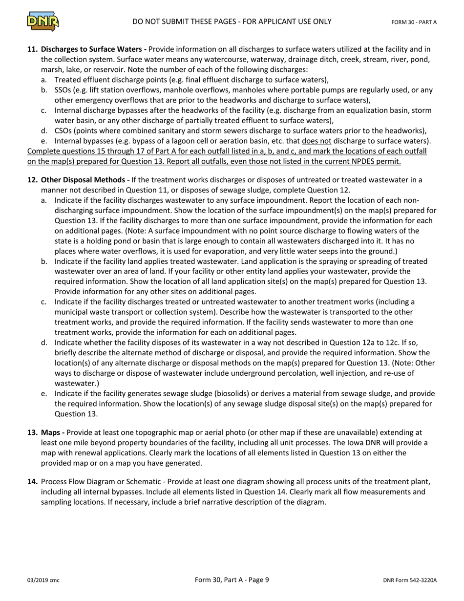 Form 30 (DNR Form 542-3220A) Part A Npdes Permit Application - Basic Application Information for Municipal and Semi-public Facilities - Iowa, Page 9