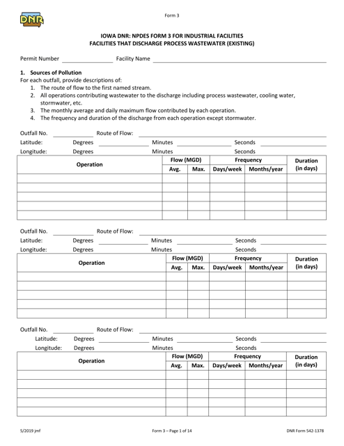 DNR Form 3 Npdes Permit Application Form for Industrial Facilities That Discharge Process Wastewater (Existing) - Iowa