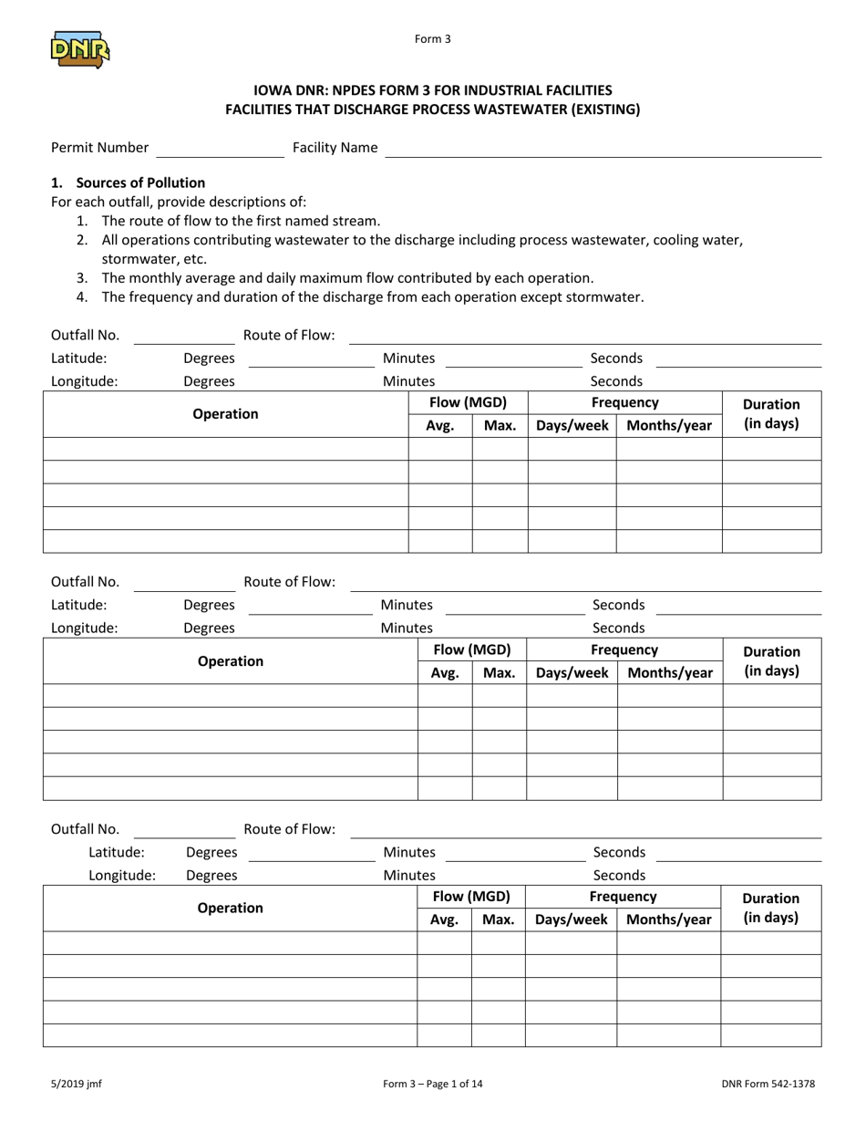 DNR Form 3 Npdes Permit Application Form for Industrial Facilities That Discharge Process Wastewater (Existing) - Iowa, Page 1