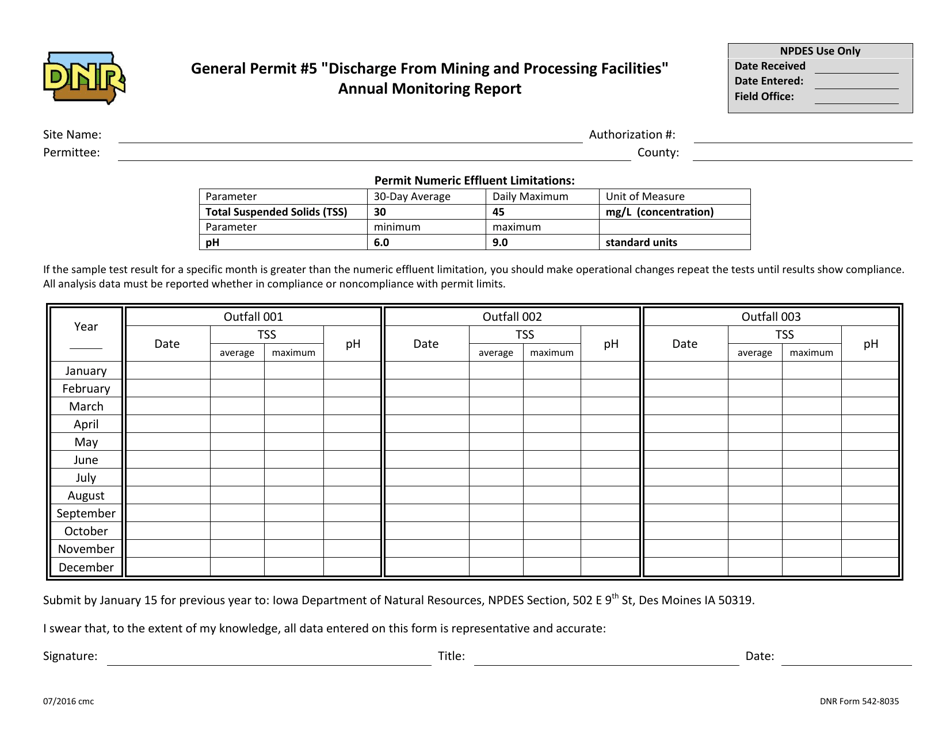 DNR Form 542-8035 General Permit 5 discharge From Mining and Processing Facilities Annual Monitoring Report - Iowa, Page 1