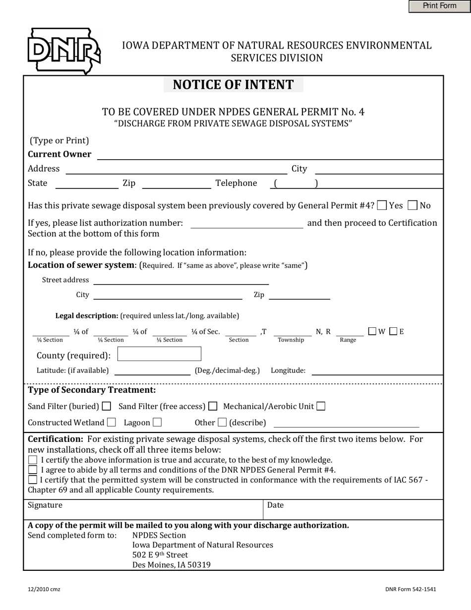 DNR Form 542-1541 Notice of Intent to Be Covered Under Npdes General Permit No. 4 discharge From Private Sewage Disposal Systems - Iowa, Page 1