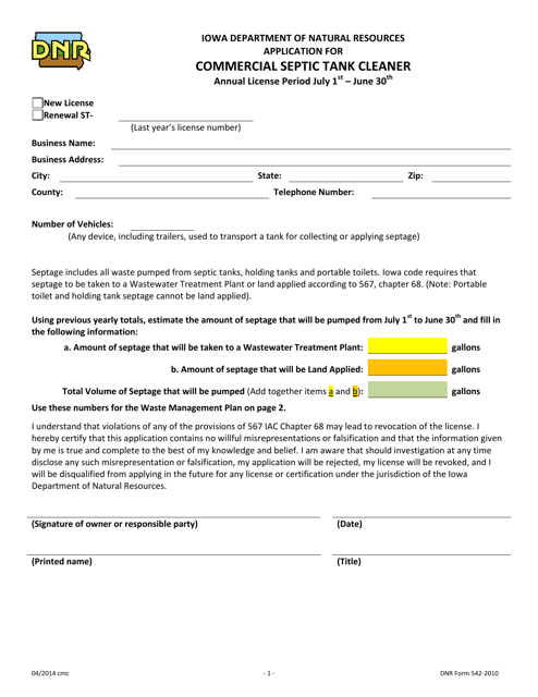 DNR Form 542-2010 Application for Commercial Septic Tank Cleaner - Iowa