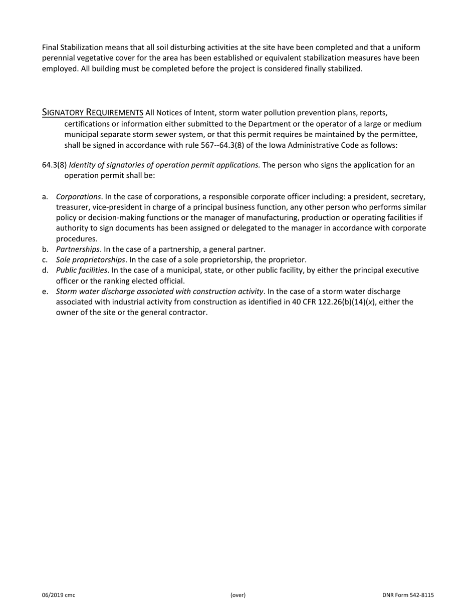 DNR Form 542-8115 Notice of Discontinuation of a Storm Water Discharge Covered Under Iowa Npdes General Permit Numbers 1, 2, or 3 - Iowa, Page 2