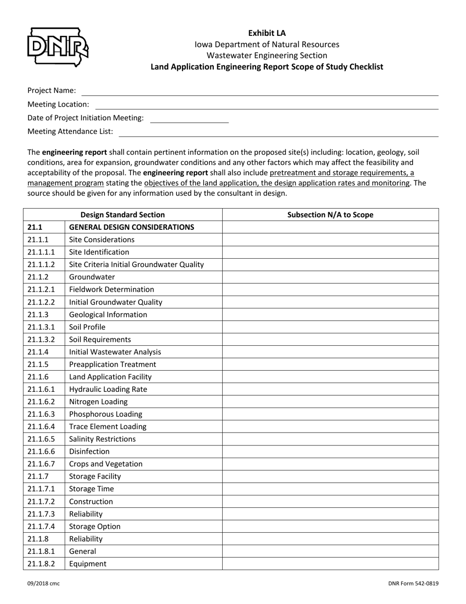 DNR Form 542-0819 Exhibit LA Land Application Engineering Report Scope of Study Checklist - Iowa, Page 1